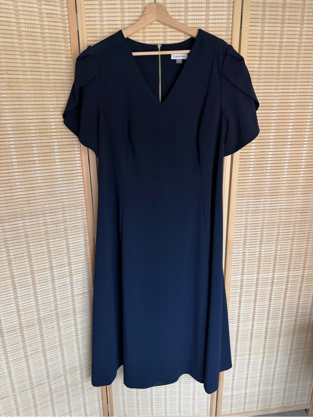 Navy Calvin Klein Midi V-Neck Tulip Sleeve Dress (Scuba Crepe) - 16W